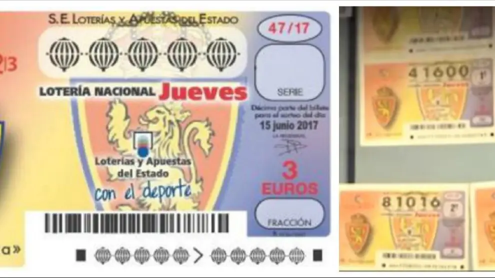 A la izda. el modelo de billete del sorteo del 15 de junio, dedicado al Real Zaragoza. A la derecha, las participaciones ya a la venta en los despachos de Loterías.