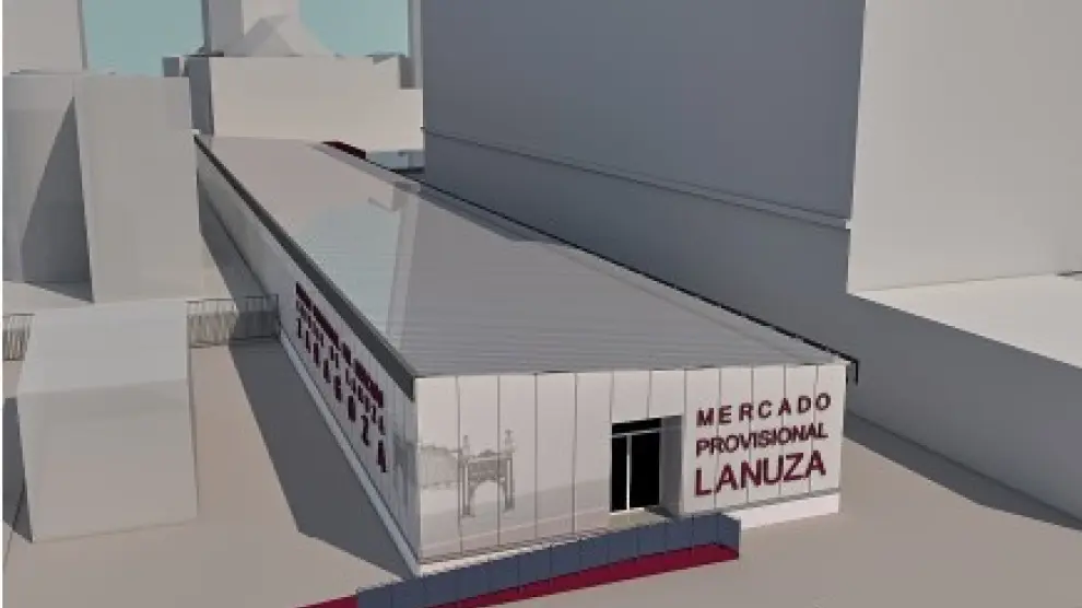 Recreación en 3D del mercado provisional que albergará los puestos del actual Mercado Central de Lanuza.
