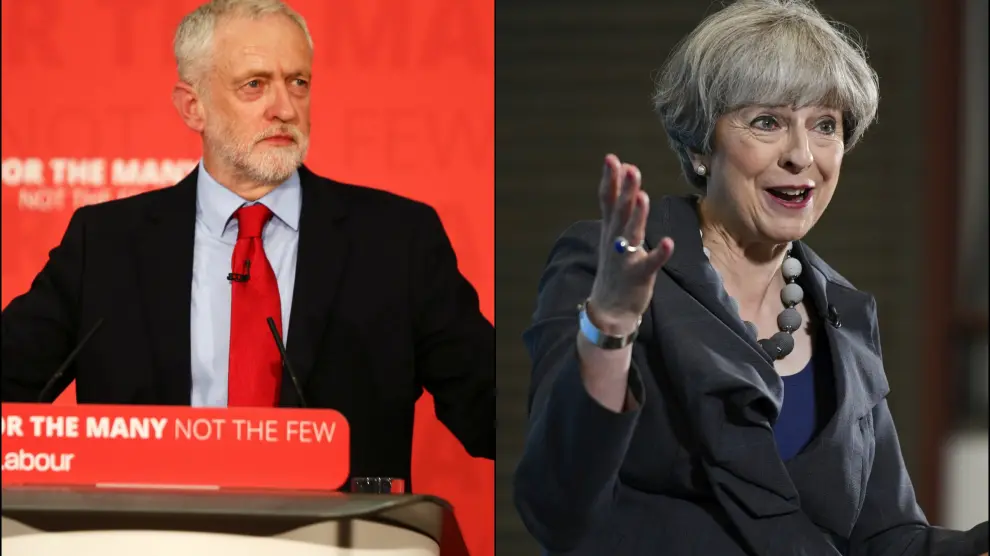 Montaje de dos imágenes de Corbyn y May.
