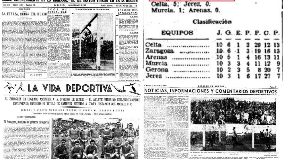 Recortes de las páginas de HERALDO DE ARAGÓN que informaron en 1936 del primer ascenso del Real Zaragoza a Primera División tras ganar al Gerona en Torrero por 5-0.
