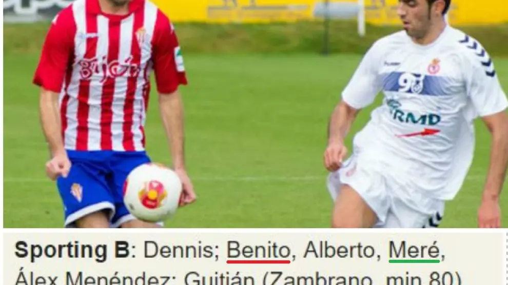 Benito, en un partido del Sporting B contra la Leonesa en 2014. Abajo, la alineación de ese día en Mareo.