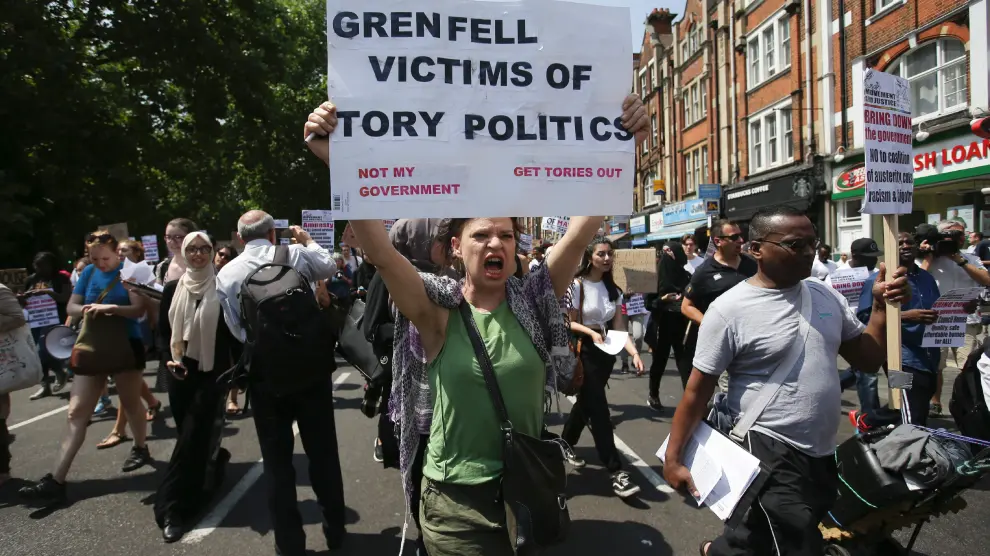 La protesta de este miércoles en Londres contra May por el incendio de Grenfell.