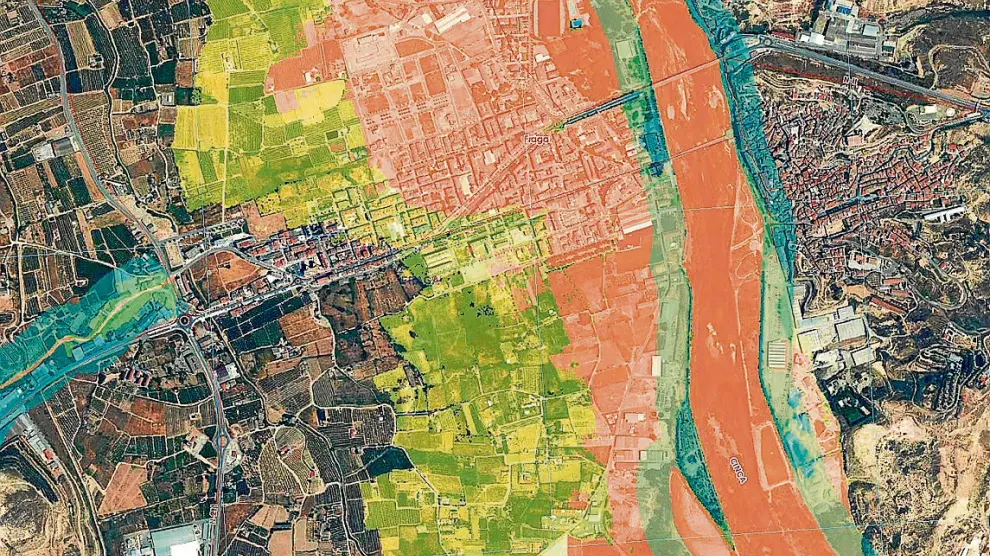 Mapa de las áreas inundables. En color azul la Zona de policía, en color verde la Zona de Inundación y en color naranja la Zona de flujo preferente.