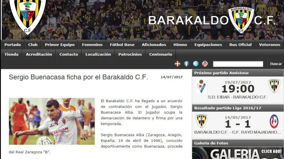 Portada de la web del Barakaldo, con la información del fichaje de Buenacasa.