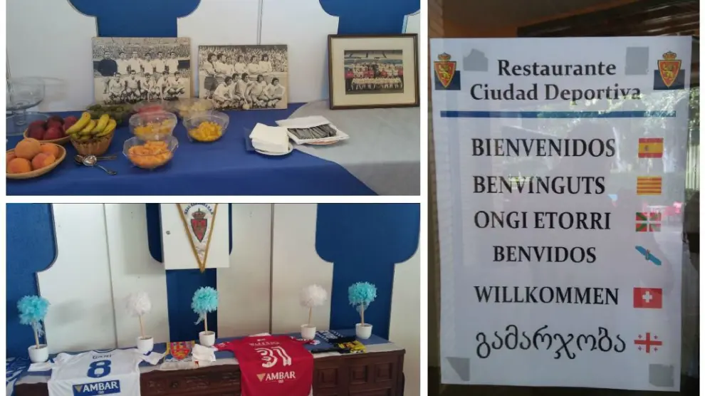Imágenes de los amuletos que presiden el nuevo comedor del equipo en la Ciudad Deportiva, así como del cartel multilingüe de bienvenida.