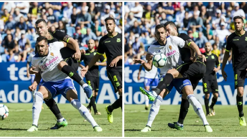 Secuencia del agarrón flagrante de David Navarro, central del Alcorcón, sobre Borja Iglesias, delantero del Real Zaragoza, mediada la primera parte del partido del domingo, aún con el 0-0 en el marcador.