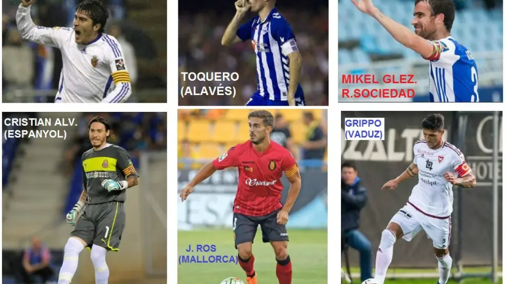 Los seis futbolistas del Real Zaragoza que han sido capitanes en sus respectivos equipos antes de la actual etapa que los reúne en el vestuario de La Romareda. En cada imagen, portan el brazalete.