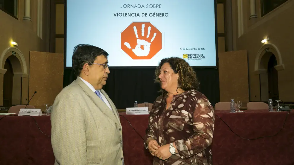 La directora general de Justicia e Interior,. María Ángeles Júlvez, con el forense Eduardo Cantón, en la Sala de la Corona de la DGA.