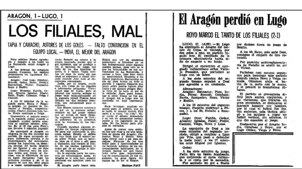 Crónicas de HERALDO DE ARAGÓN de los enfrentamientos del CD Lugo con el Deportivo Aragón en el antecedente copero de 1976.
