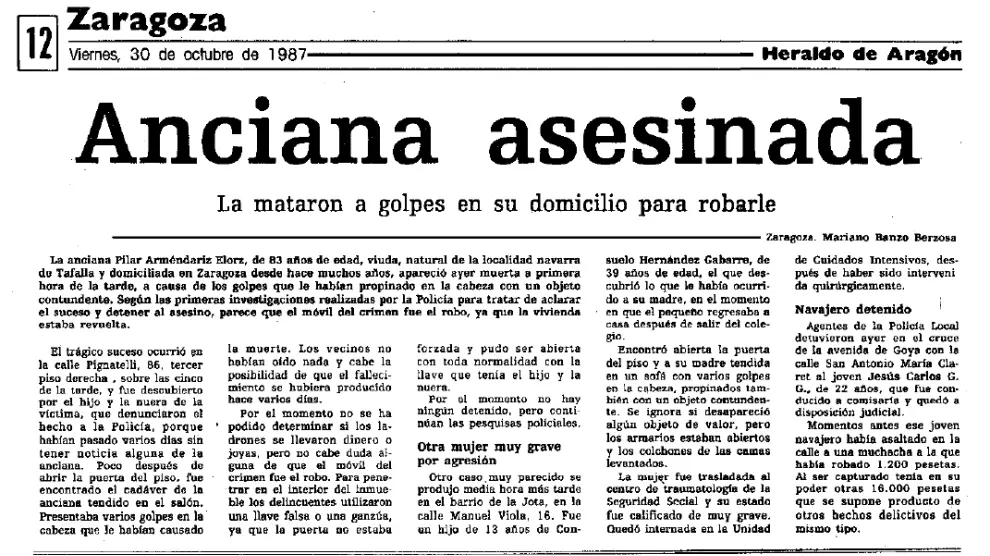 Noticia publicada en HERALDO el 30 de octubre de 1987 sobre el asesinato de Pilar Arméndariz.