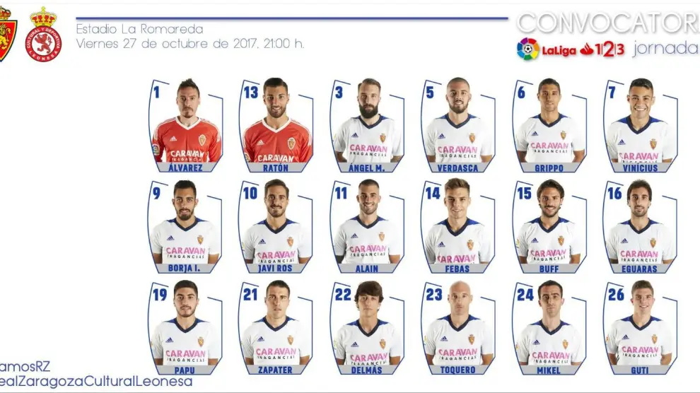 Lista de 18 convocados del Real Zaragoza para el partido de este viernes en La Romareda ante la Cultural Leonesa.