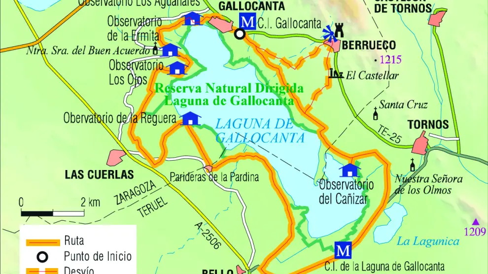 Mapa de la ruta circular a la laguna de Gallocanta.
