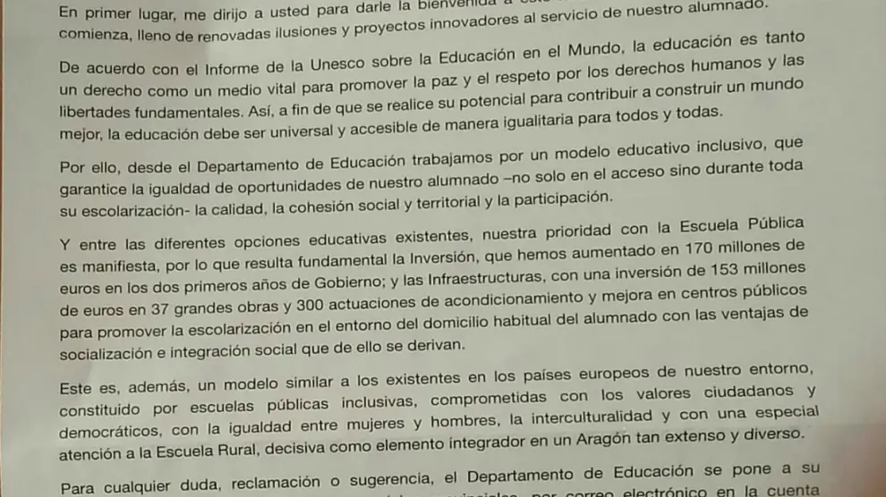 Carta enviada por el Gobierno de Aragón a las familias aragonesas.