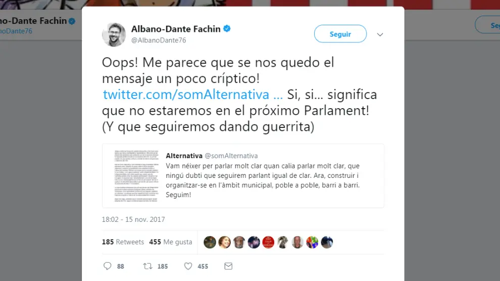 Fachin ha anunciado en su cuenta de Twitter que no concurrirá a los comicios del 21 de diciembre.