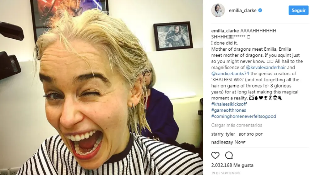 Emilia Clarke presentó a sus seguidores en Instagram su nuevo cambio de imagen.