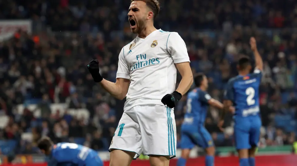 Borja Mayoral celebra el segundo gol del Real Madrid