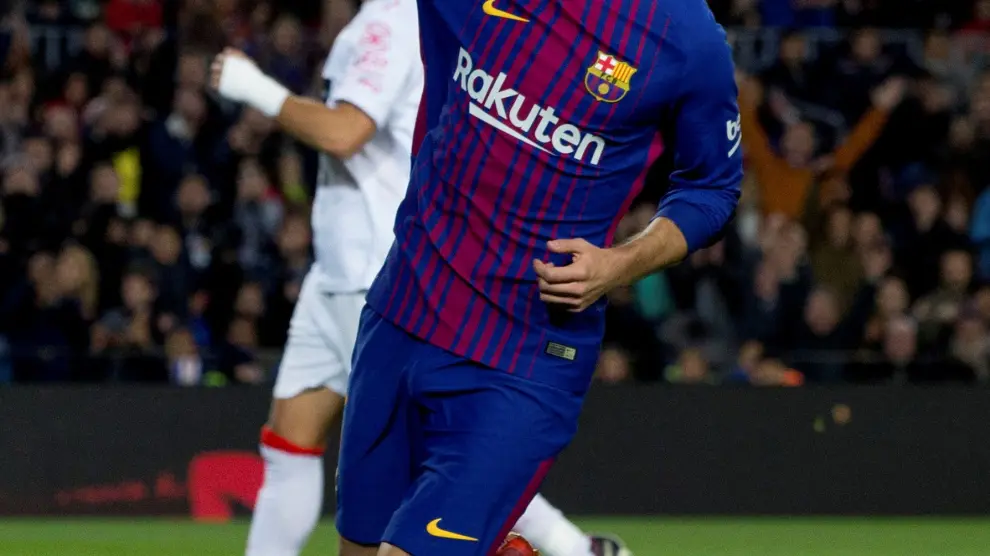 Denis Suárez celebra el cuarto gol del FC Barcelona