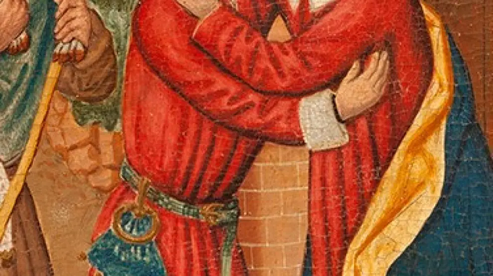 El fragmento del retablo representa 'El abrazo de san Joaquín y santa Ana ante la Puerta Dorada',