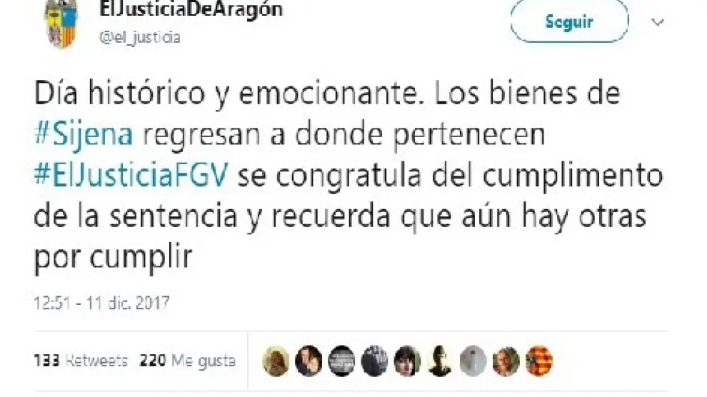 Mensaje publicado en la cuenta de Twitter del Justicia de Aragón sobre el regreso de los bienes de Sijena
