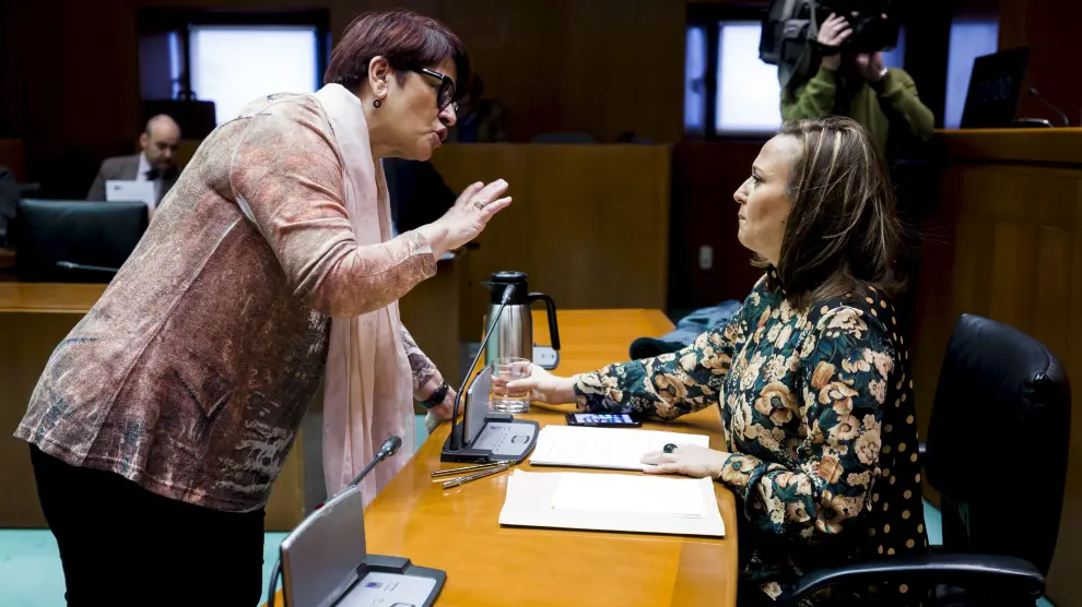 Margarita Périz, del PSOE, habla con la consejera de Educación, Mayte Pérez, antes de dar comienzo la comparecencia
