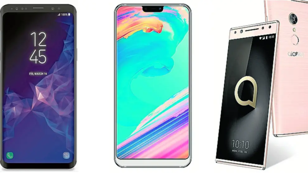 Recreaciones y supuestas filtraciones del aspecto del Galaxy S9 (1),  el Ulephone T2 Pro (2) y el Alcatel 5 (3), que serán presentados en el MWC 2018.
