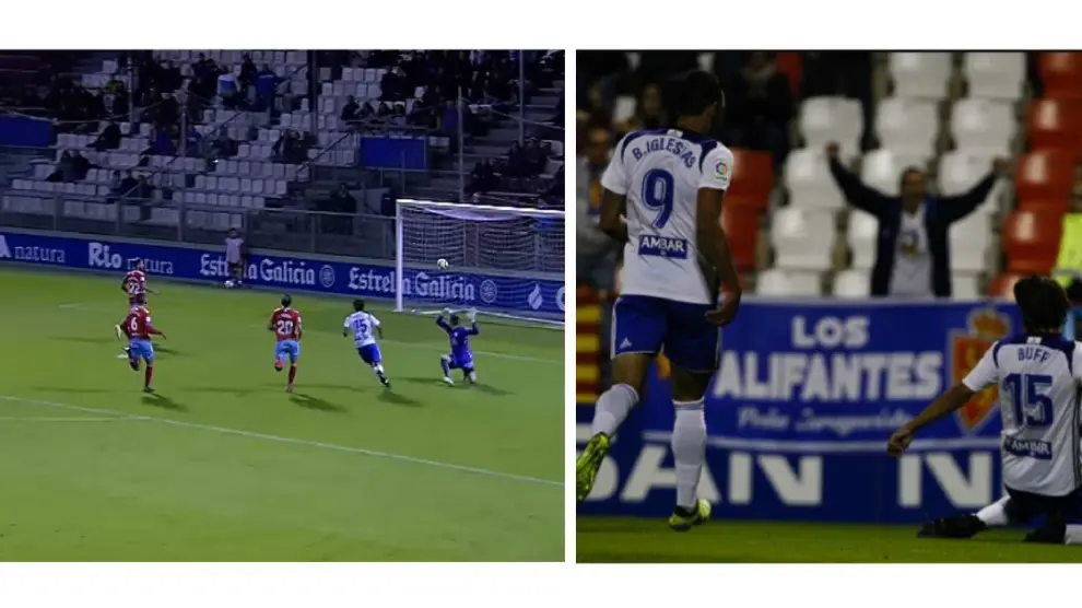 Momento en el que Buff anotó el gol del Real Zaragoza en Lugo, hace una vuelta. A la derecha, lo celebra en el Anxo Carro.