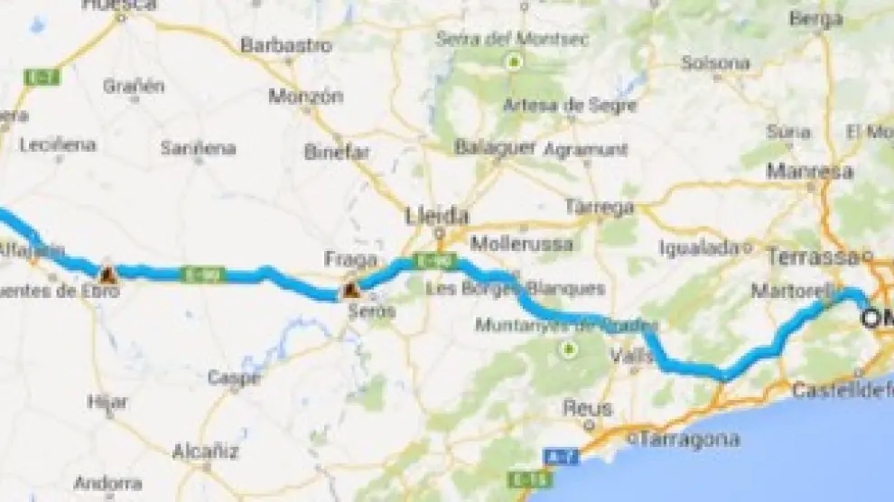 Trazado de la autopista AP-2 Zaragoza-Mediterráneo, que podría quedar libre