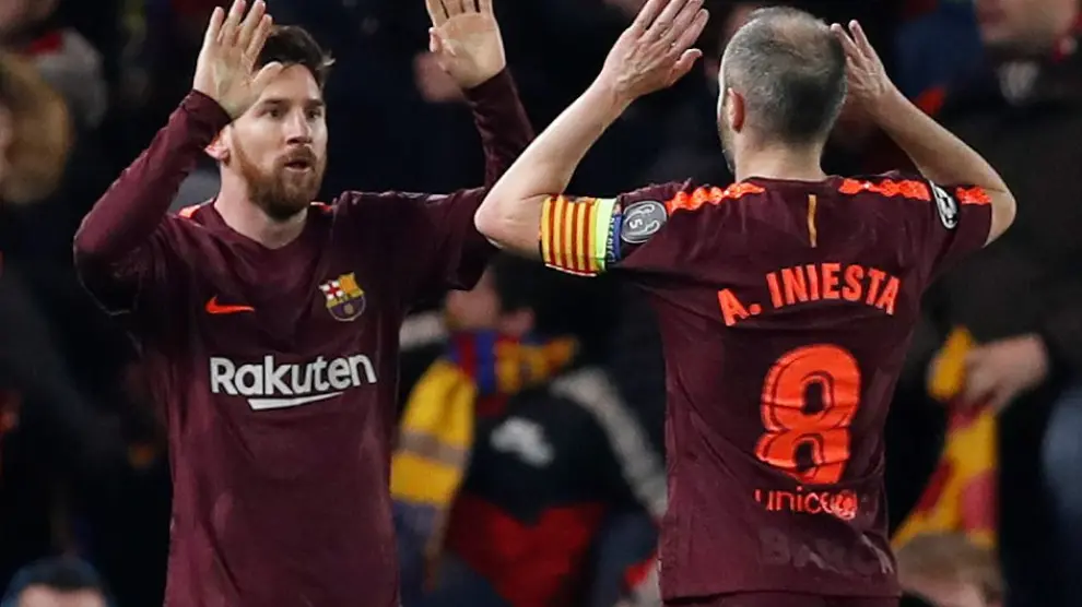Messi e Iniesta celebran el gol del empate ante el Chelsea en la ida de la eliminatoria