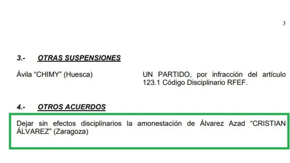 Extracto del documento oficial del Comité de Competición de la Federación donde se reseña la anulación del castigo al portero zaragocista, Cristian Álvarez.