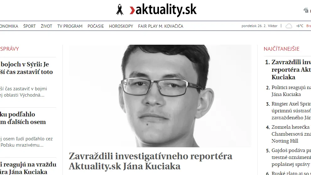 Portada del medio eslovaco Aktuality.sk con la imagen del periodista asesinado