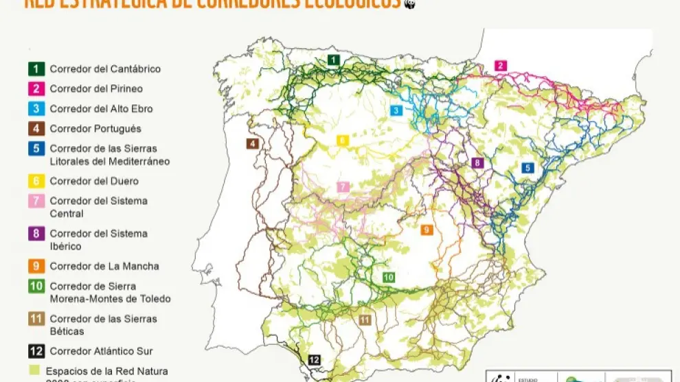 Mapa de los corredores naturales de España y Portugal.