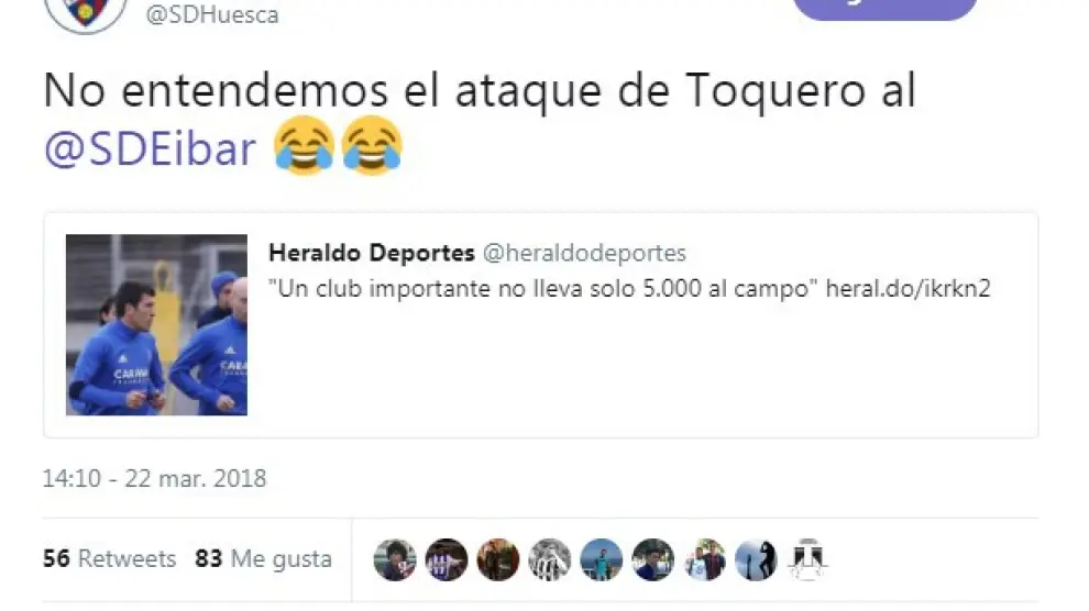 Respuesta del SD Huesca al tuit de Heraldo Deportes con las declaraciones de Toquero.