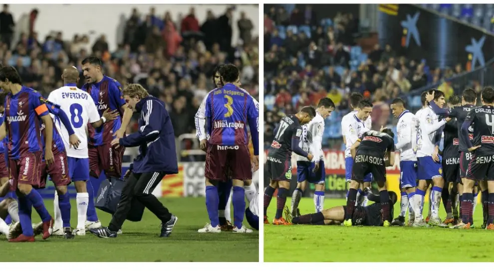 Dos momentos de lío entre los jugadores del Real Zaragoza y la SD Huesca en los partidos jugados en La Romareda en 2008 y 2015.