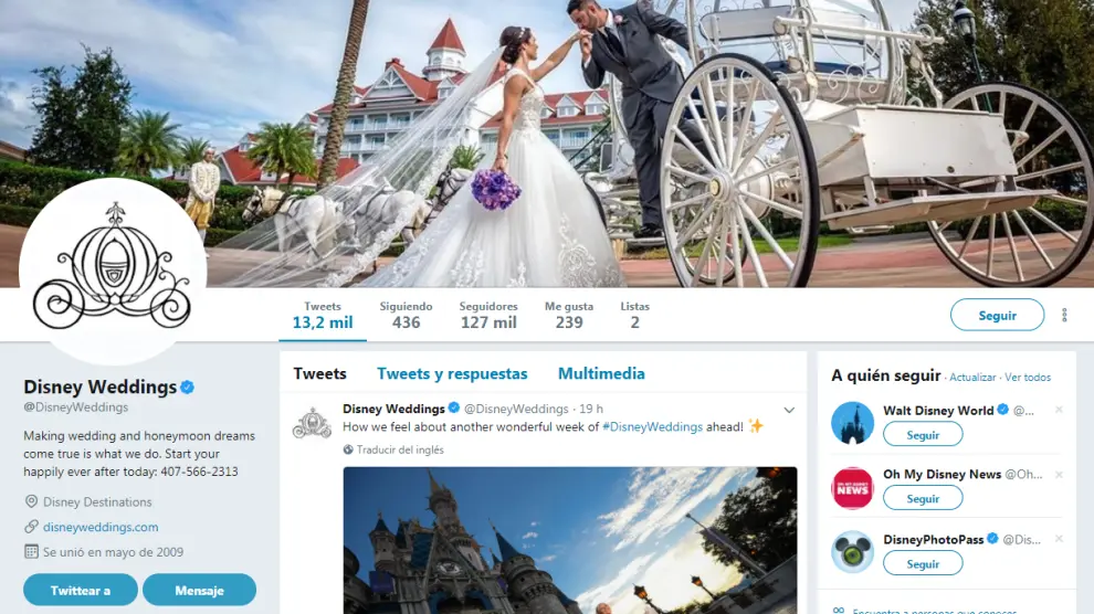 Twitter de Disney's Fairy Tale Weddings & Honeymoons, organizadores de las bodas de cuento de hadas en los parques temáticos Disney.
