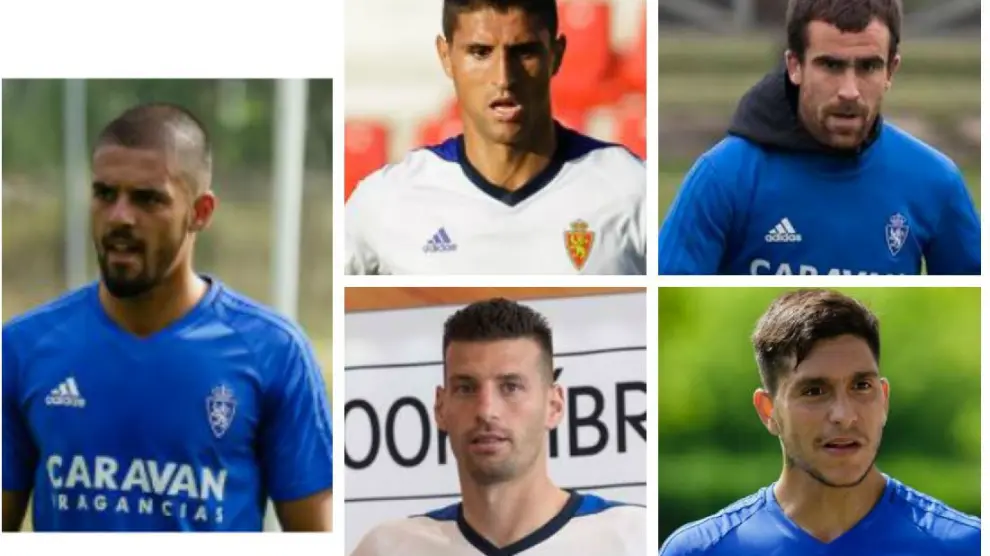 Verdasca, Grippo, Mikel González, Perone y Jesús Valentín, los cinco jugadores que han sido centrales titulares en las 34 jornadas de liga en el Real Zaragoza en diferentes combinaciones de parejas.