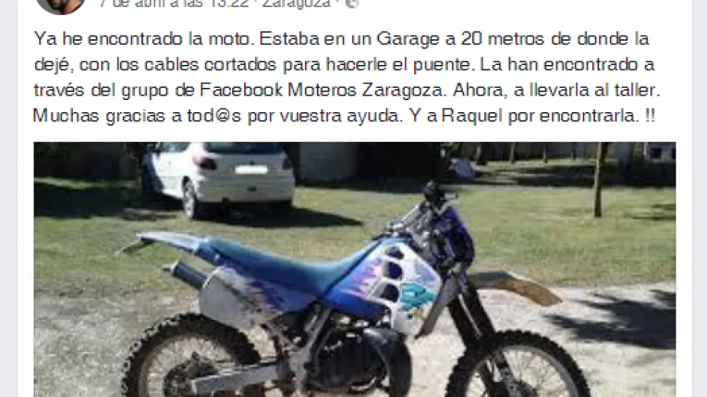 Javier Cebollada quiso agradecer a los internautas su ayuda para recuperar la moto.