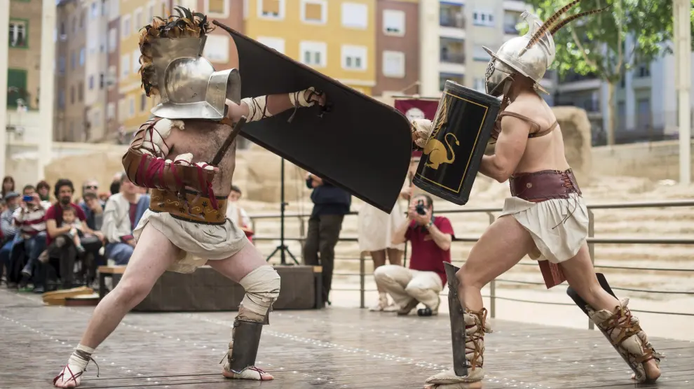 Escenificación de una lucha de gladiadores en el Teatro Romano, hace tres años, con motivo del Día Internacional de los Museos.