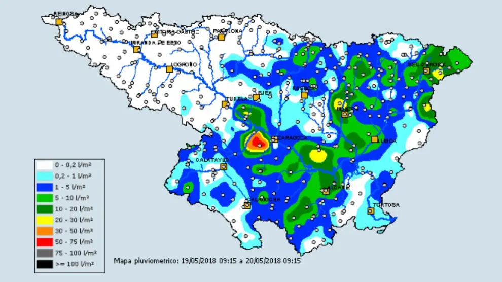 Mapa pluviométrico que muestra la acumulación de agua en los diferentes puntos de Aragón en las últimas 24 horas.