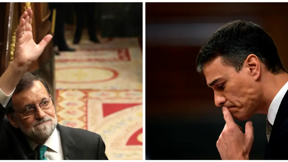Rajoy y Sánchez en dos momentos del debate del jueves