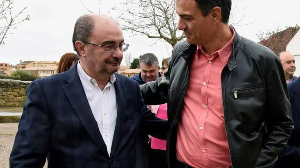 Javier Lambán y Pedro Sánchez en una reciente visita del secretario general del PSOE a Aragón.