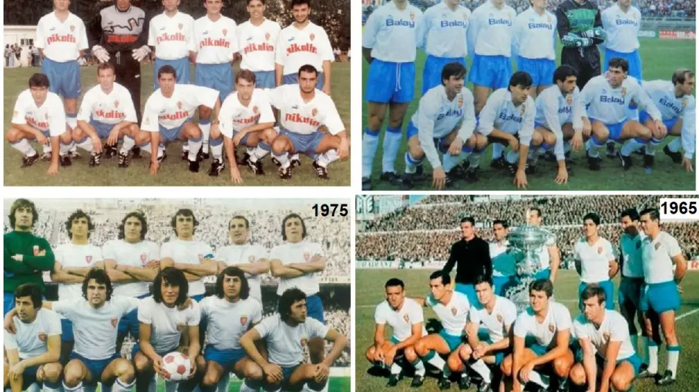 Cuatro formaciones del Real Zaragoza, en diferentes momentos de la historia, con el pantalón y los detalles azules celestes.