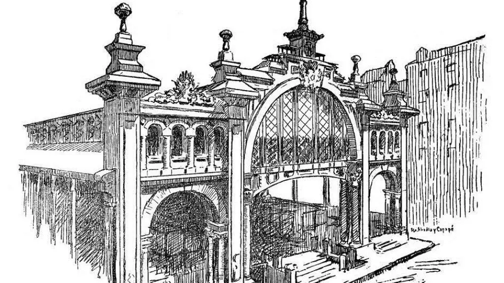 Dibujo de Galiay de la fachada principal del nuevo Mercado de Zaragoza publicada por HERALDO en 1903