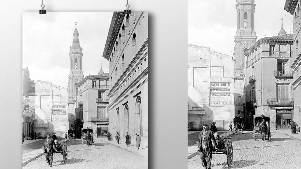 Martín Chivite es el autor de esta imagen que muestra el aspecto que presentaban los alrededores de la plaza del Pilar en los años 20 y que puedes tener en tu casa en formato póster.
