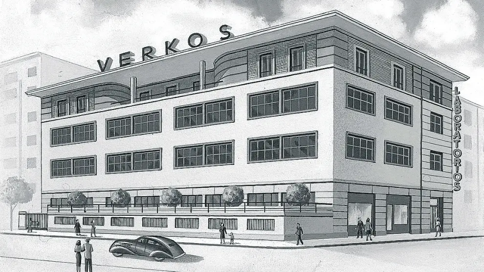 Acuarela original del edificio en la calle Cervantes donde se ubicaba Verkos Laboratorios en 1938.