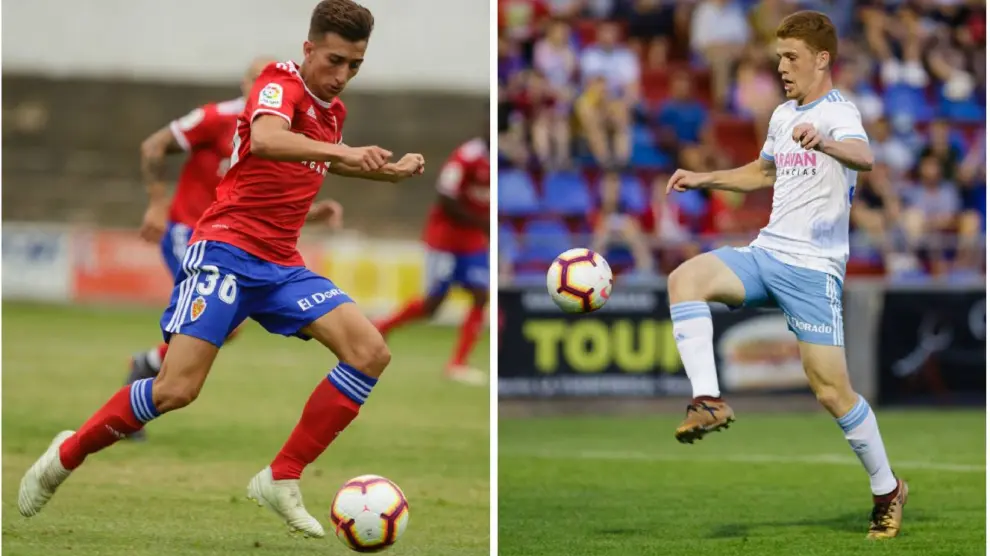Baselga (a la izda, en Tudela hace una semana) y Carlos Vicente (dcha., en Teruel anteayer), en sendos partidos de pretemporada con el primer equipo del Real Zaragoza.