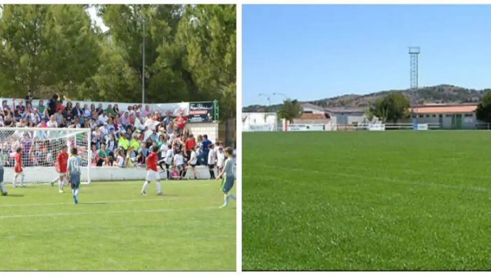 Dos imágenes del campo de Jumaya de Calamocha, donde jugará el Real Zaragoza dentro de 23 días el partido de las peñas.