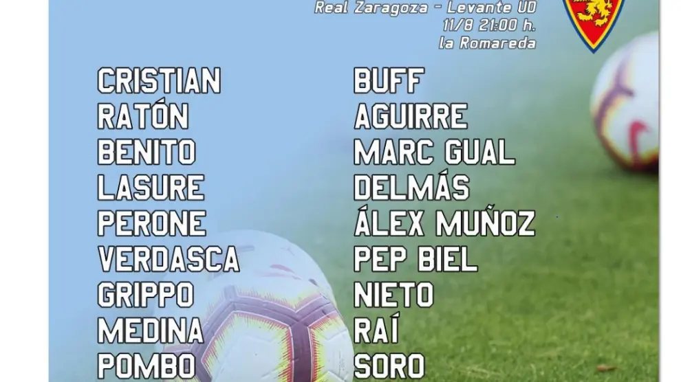 Lista de citados para el partido Real Zaragoza-Levante del Memorial Lapetra de este sábado.