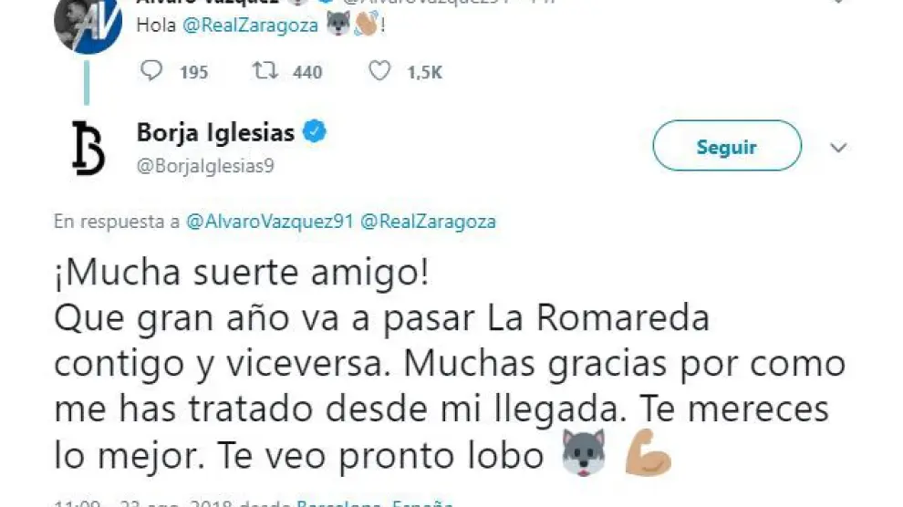 Tuit de Borja Iglesias a Álvaro Vázquez.