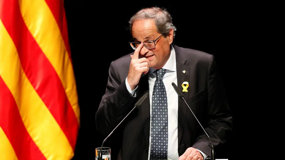 El presidente de la Generalitat, Quim Torra, pronuncia la conferencia con el título "Nuestro momento? hoy en el Teatro Nacional de Cataluña, en Barcelona.