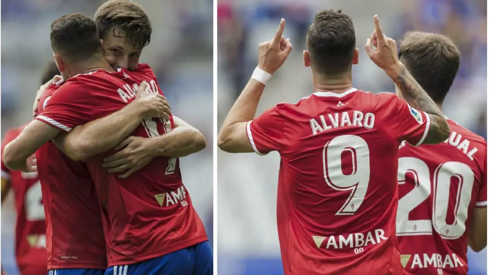 Dos momentos en los que Álvaro Vázquez celebra su gol en Oviedo (el 0-1) con Marc Gual.